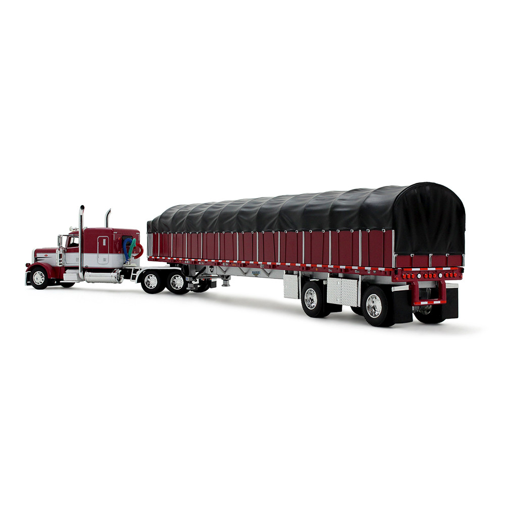 Maroon/White Peterbilt Model 389 with 63" Flat Top Sleeper & 53' Wilson Roadbrute Flatbed Trailer with Covered Wagon