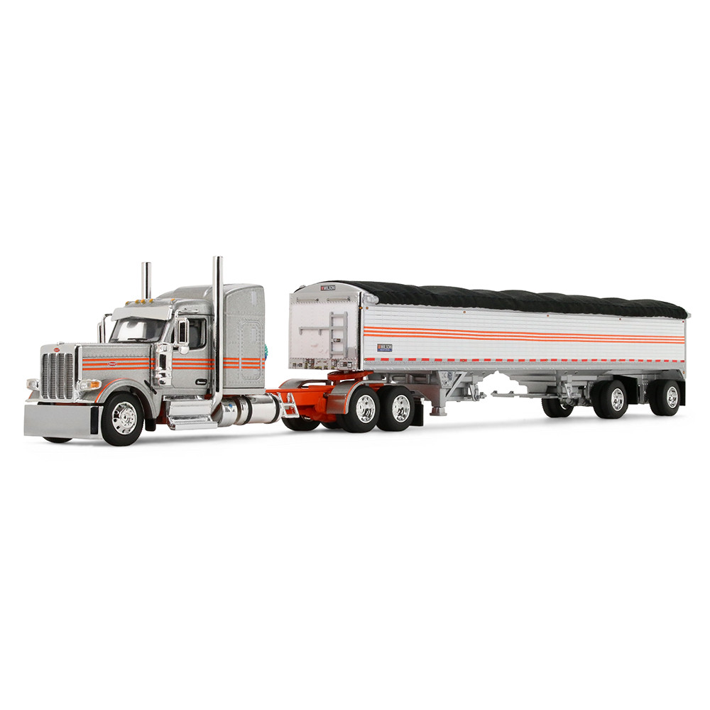 Silver/Orange Peterbilt Model 589 with 58" Mid-Roof Sleeper & 50' Wilson Pacesetter Grain Trailer
