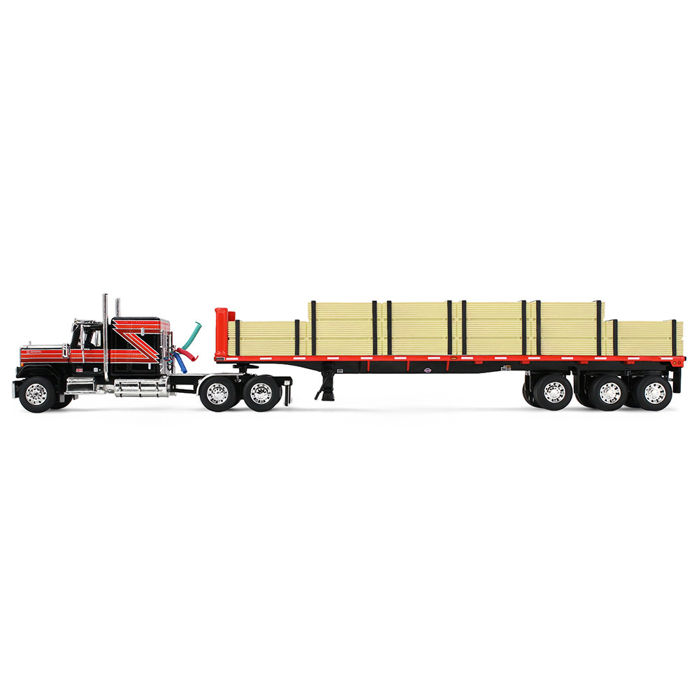 Black/Red GMC General with 60" Flat Top Sleeper & 48' Utility Flatbed Trailer with Lumber Load