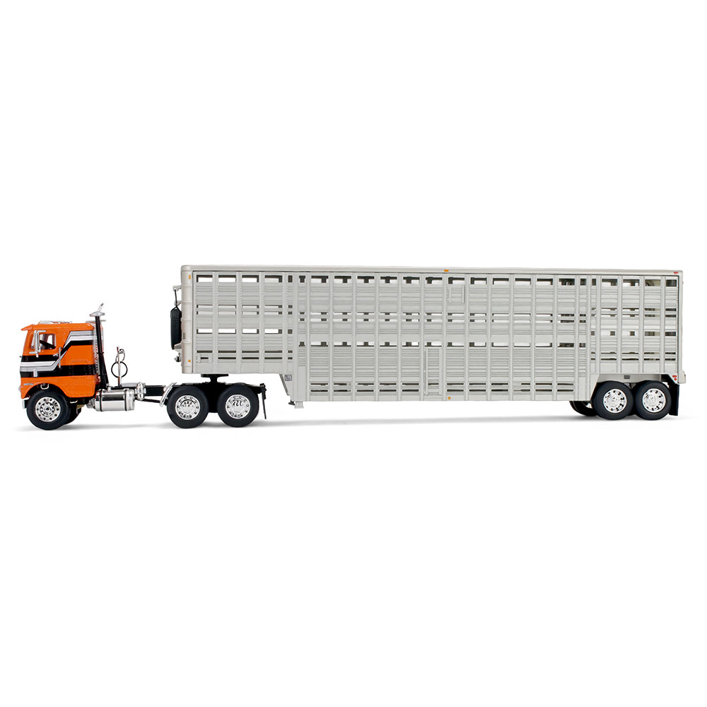 Orange/Black Freightliner COE & 45' Wilson Vintage Livestock Trailer