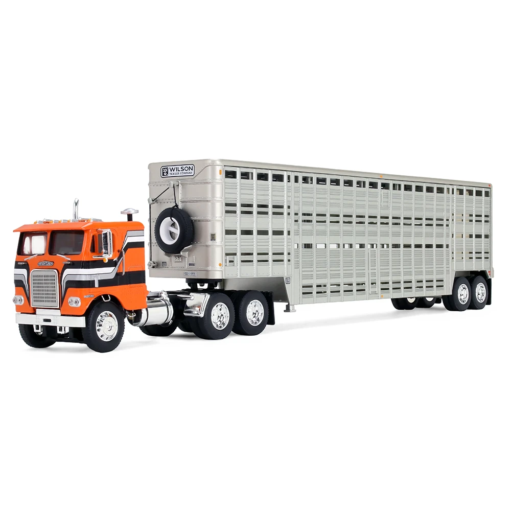Orange/Black Freightliner COE & 45' Wilson Vintage Livestock Trailer