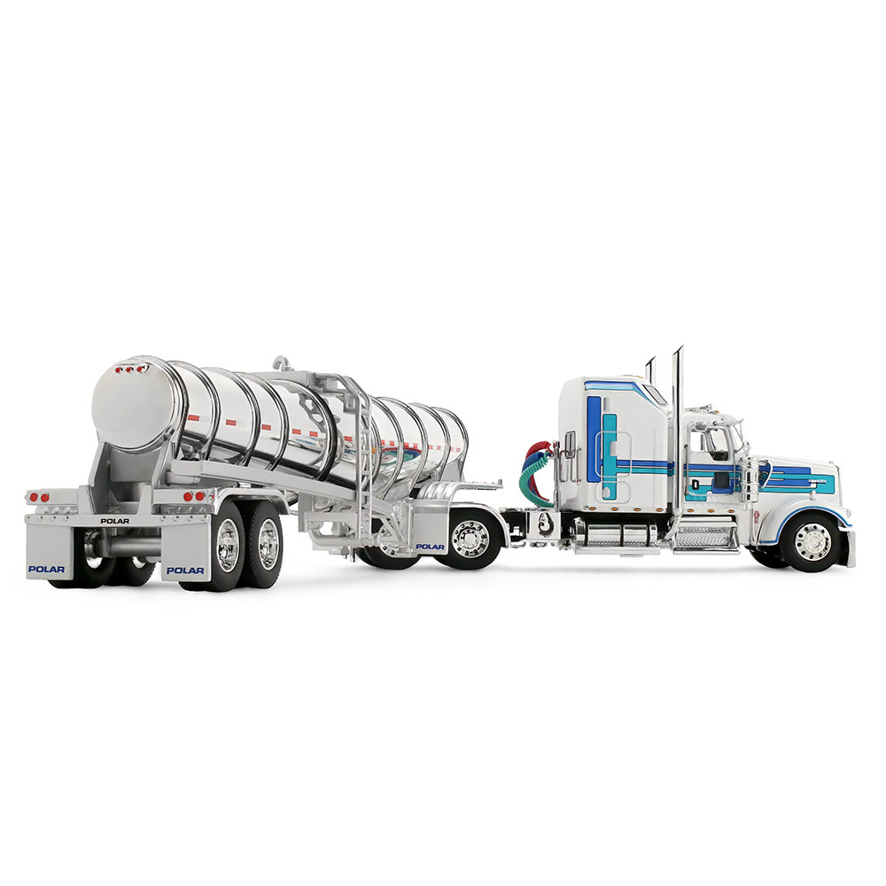 White/Blue Kenworth W900L with 60" Aerodyne Sleeper & Polar Deep Drop Trailer