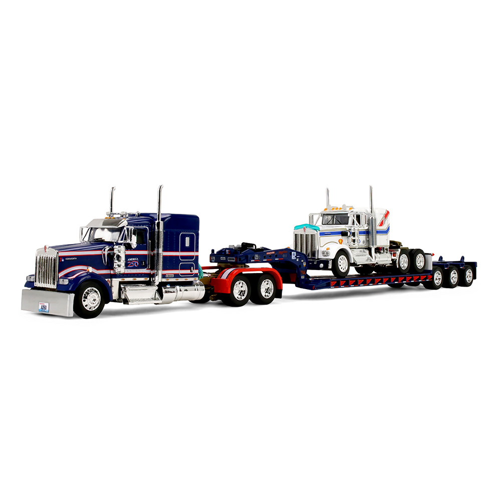 America250 1/64 Kenworth W900L with 72" Aerocab Flat Top Sleeper & Fontaine Magnitude Lowboy Trailer with Kenworth W900A Load