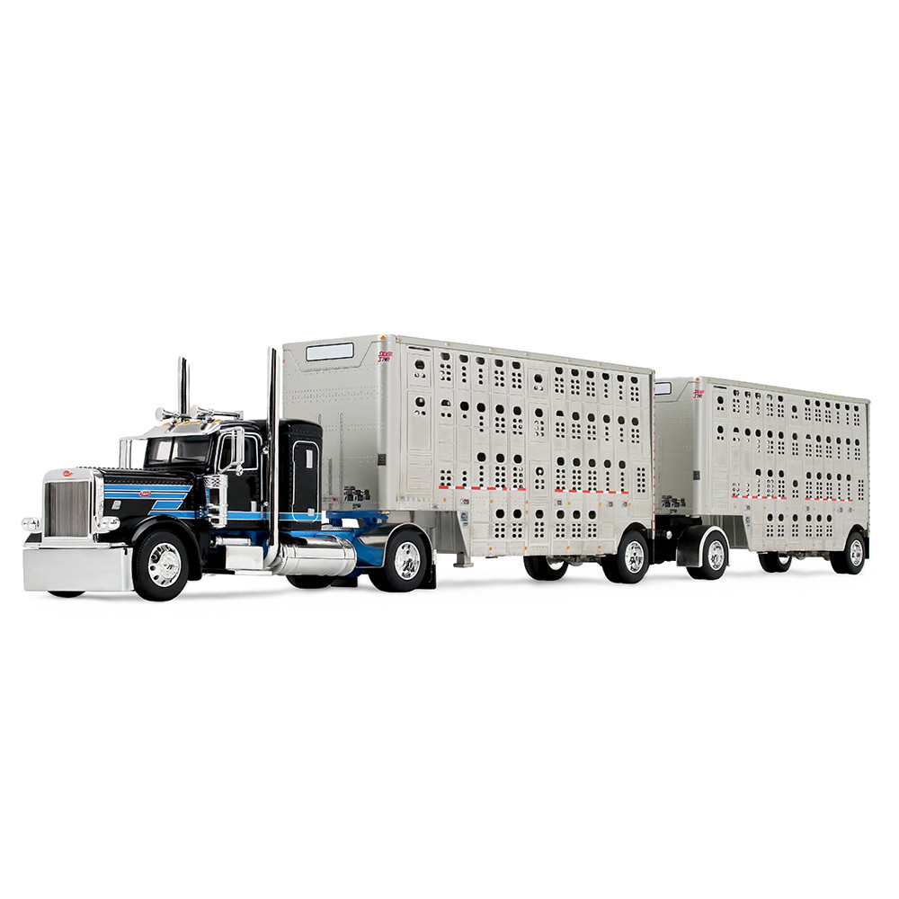 Black/Cyan Peterbilt Model 389 with 36" Flat Top Sleeper & 28' Wilson Silverstar Double Livestock Trailers