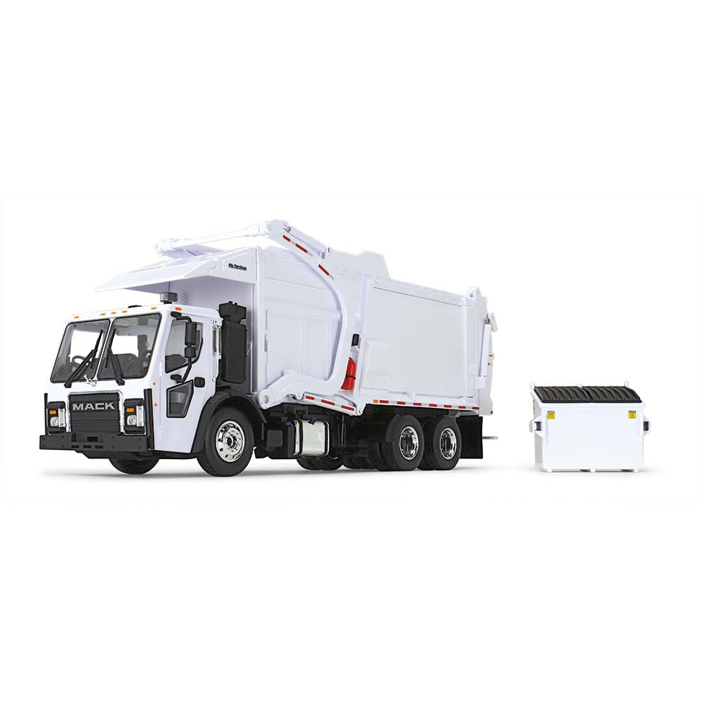 White/White Mack LR with McNeilus Meridian Front Loader & Trash Bin