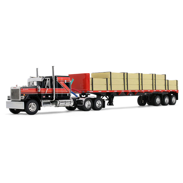 Black/Red GMC General with 60" Flat Top Sleeper & 48' Utility Flatbed Trailer with Lumber Load