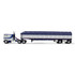 White/Blue Peterbilt Model 352 COE 110" Sleeper & 53' Wilson Roadbrute Flatbed Trailer with Covered Wagon