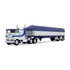 White/Blue Peterbilt Model 352 COE 110" Sleeper & 53' Wilson Roadbrute Flatbed Trailer with Covered Wagon