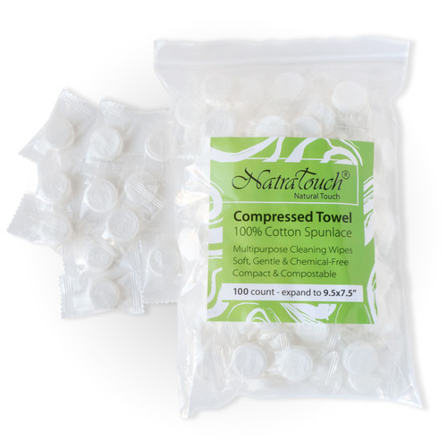 Compressed Towel Wipes 100% Cotton, Compostable, Gentle Soft (100/bag)