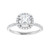 White gold cushion cut halo diamond accented engagement ring, top view