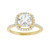Yellow gold cushion cut halo diamond accented engagement ring, top view 