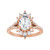 Rose gold floral halo oval diamond engagement ring, top view