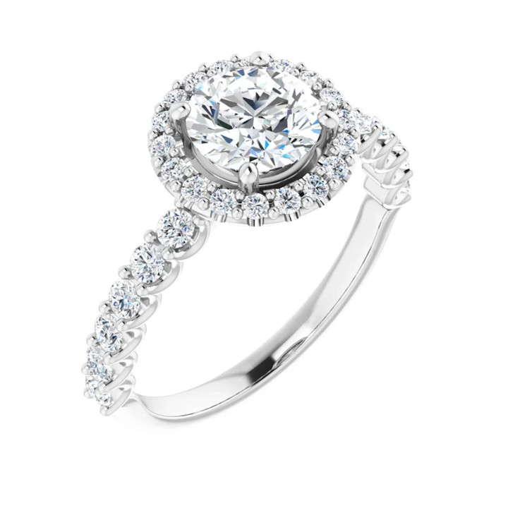 White gold round cut halo diamond accented engagement ring