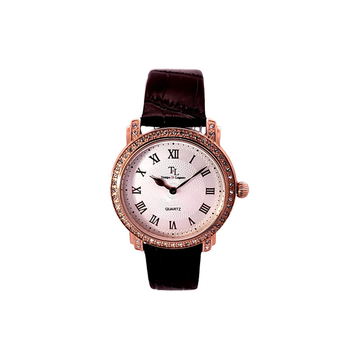 Genuine Brown Leather & Rose Gold Bezel Watch