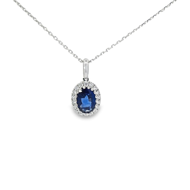 Oval Halo Blue Sapphire & Diamond Pendant 
