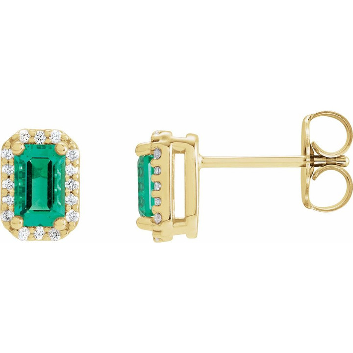 14K Yellow Lab-Grown Emerald & 1/8 CTW Natural Diamond Halo-Style Earrings