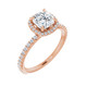 Rose gold cushion cut halo diamond accented engagement ring. 