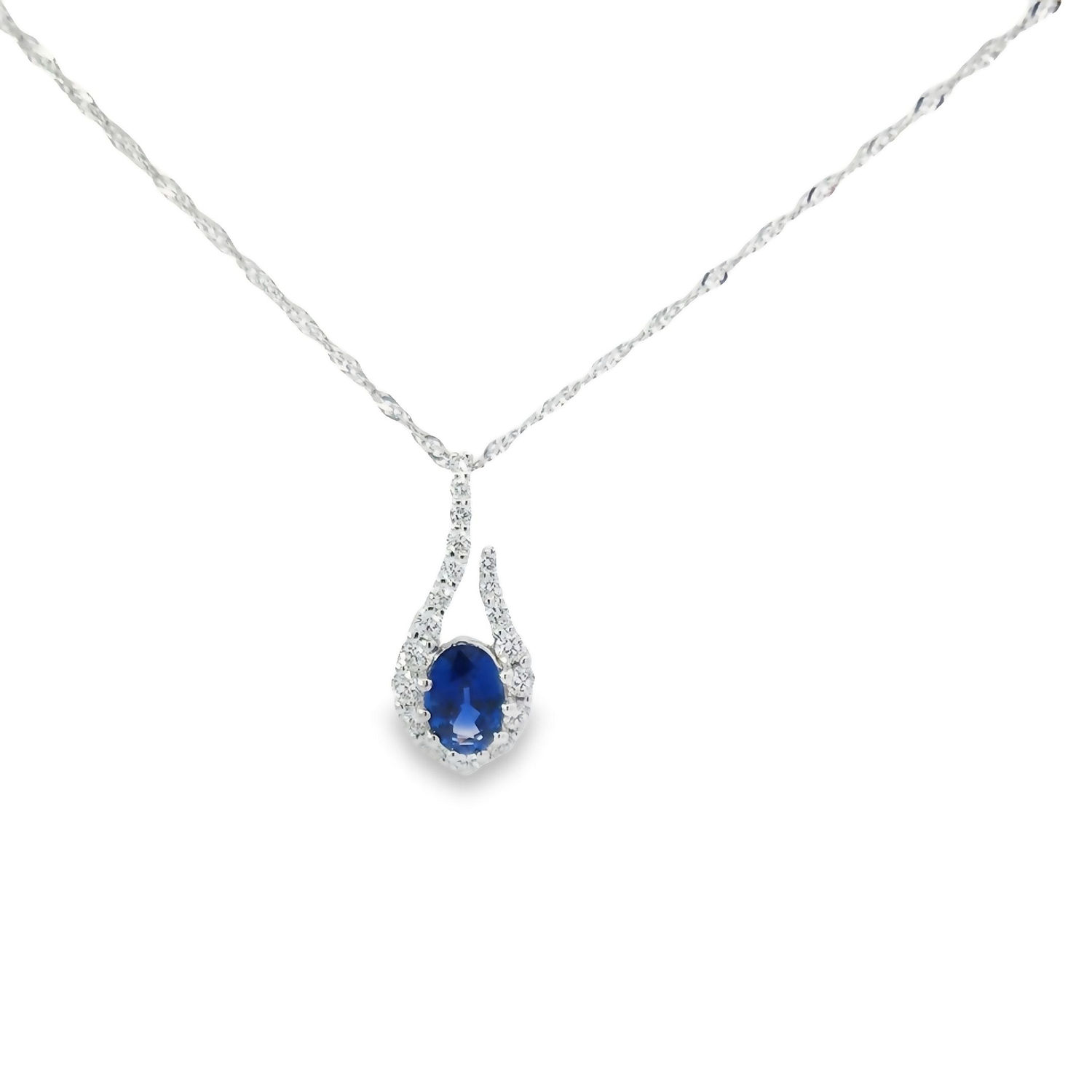 Oval Sapphire Pendant Necklace with Diamond Halo | Lee Michaels Fine Jewelry