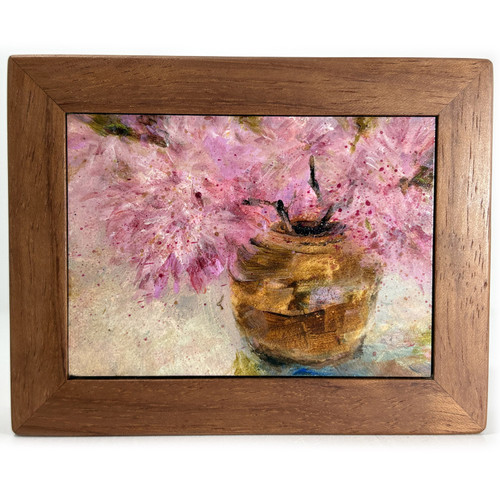 Miniature Acrylic Painting Pink Floral Vase with Exotic Bardiglio Hardwood Frame.