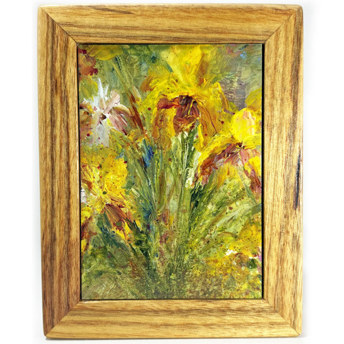Miniature Acrylic Painting Yellow Wildflower with Exotic Caribbean Canary Hardwood Frame