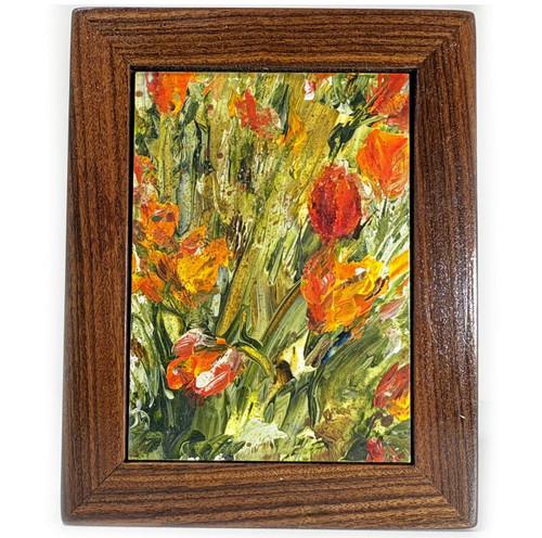 Miniature Acrylic Painting Red Floral with Exotic Bolivian Rosewood Hardwood Frame
