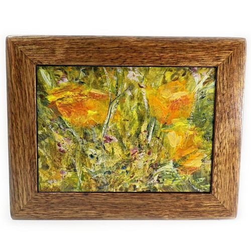 Miniature Acrylic Painting Garden Lillies with European Rosewood Hardwood Frame.