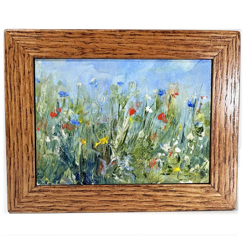 Miniature Acrylic Painting Flower Field with Red Oak Hardwood Frame.