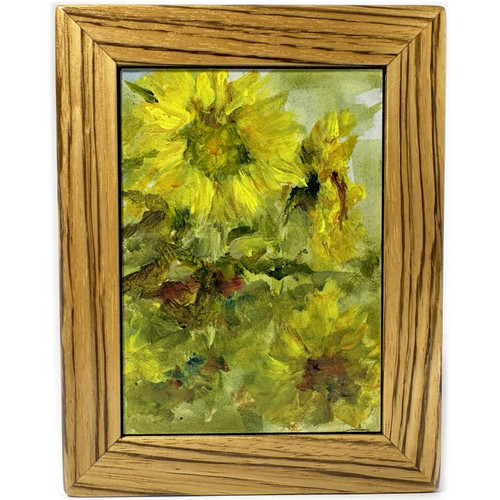 Miniature Acrylic Painting 'Seasoned Sunflower' in Exotic Zebrawood Hardwood Frame