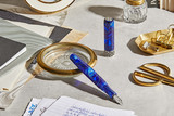 Kanilea Blue Moana fountain pen with Mau Loa band in the Classic profile, Argentium Silver medallion, and Rhodium-plated 18k gold nib