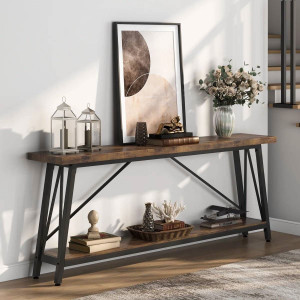Sturdy 70-inch Industrial Brown Wood Top Console Table with Black Metal Frame Q280-RSBRNHW13958175