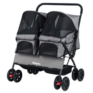 Foldable Double Pet Stroller with Adjustable Sunshade and Storage Basket-Gray - Color: Gray D681-PW10142GR
