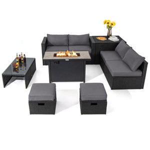 9 Pieces Outdoor PE Rattan Wicker Sectional Sofa with 42 Inch 60 000 BTU Gas Fire Pit Table-Gray -  D681-OP70369+HW68605GR+