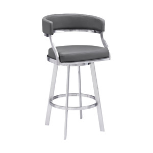 30" Gray And Silver Faux Leather And Iron Swivel Low Back Bar Height Bar Chair N270-477143