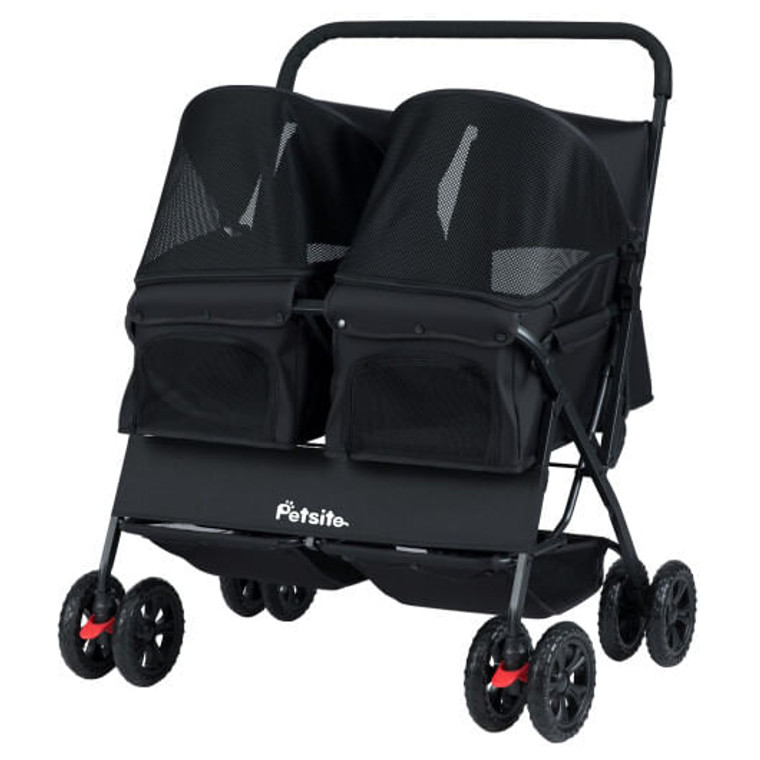 Foldable Double Pet Stroller with Adjustable Sunshade and Storage Basket-Black - Color: Black D681-PW10142BK