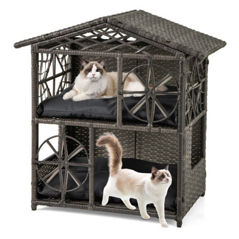2-storey Wicker Cat House Rattan Kitten Condo Enclosure with Removable Cushions-Gray B593-PV10298