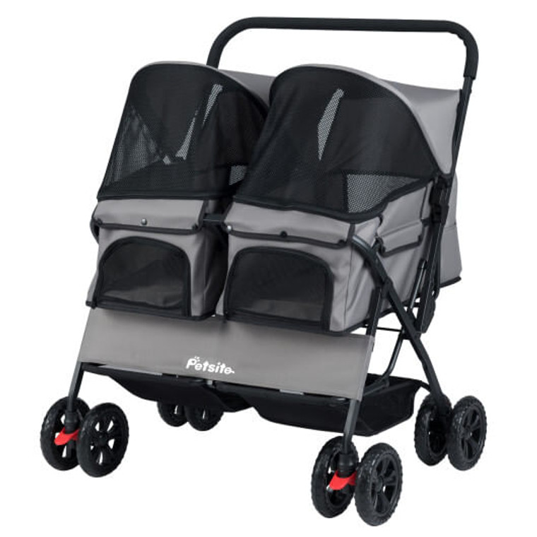 Foldable Double Pet Stroller with Adjustable Sunshade and Storage Basket-Gray - Color: Gray D681-PW10142GR