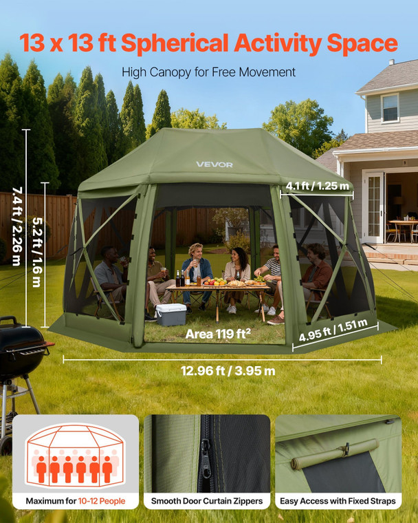 Pop up Gazebo Screen Tent, 13 x 13 ft, 13-Sided Spherical Camping Canopy Tent with Removable Top &  E415-TMZPQXK13M13G8V48001V0