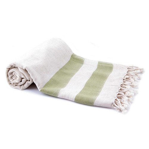 Linen Turkish Towel -  Natural Colour with Olive Green Stripes