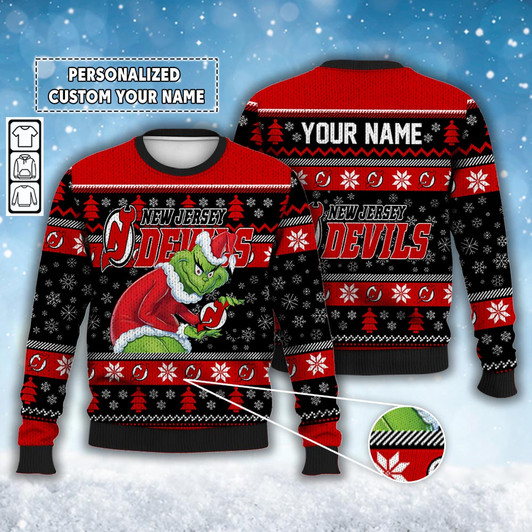 Custom New Jersey Devils Grinchmas Ugly Christmas Sweater Ice Hockey Hoodie, Jack Hughes, Luke Hughes, Vanecek, Meier 2111 VCT