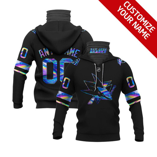 San Jose Sharks #00 Any Name Nhl Team Iridescent Black Jersey Style Gift With Custom Number Name For Sharks Fans Masked Hoodie