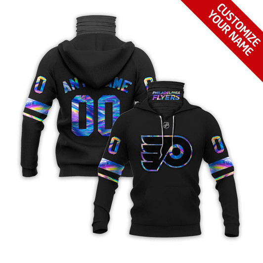 Philadelphia Flyers #00 Any Name Nhl Team Iridescent Black Jersey Style Gift With Custom Number Name For Philadelphia Flyers Fans Masked Hoodie