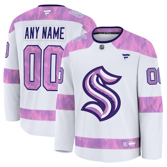 Men's Seattle Kraken  Fanatics White 2024 Hockey Fights Cancer Custom Practice Jersey