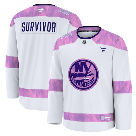 Men's New York Islanders Fanatics White Hockey Fights Cancer Survivor Practice Jersey