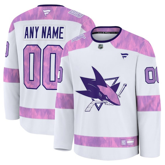 Men's San Jose Sharks  Fanatics White 2024 Hockey Fights Cancer Custom Practice Jersey