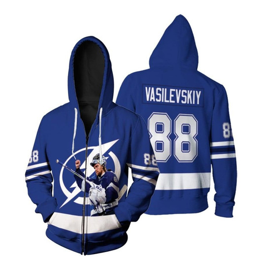 Tampa Bay Lightning Andrei Vasilevskiy 88 NHL Team Stanley Cup Final Blue Jersey Gift for Lightning Fans Zip Hoodie