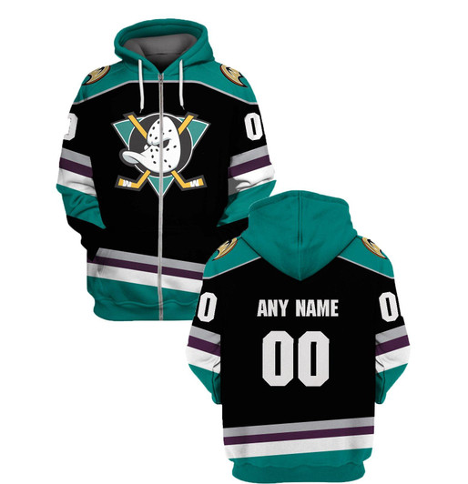 Anaheim Ducks #00 3D Personalized Black Jersey Style Gift With Custom Number Name For Ducks Fans Zip Hoodie