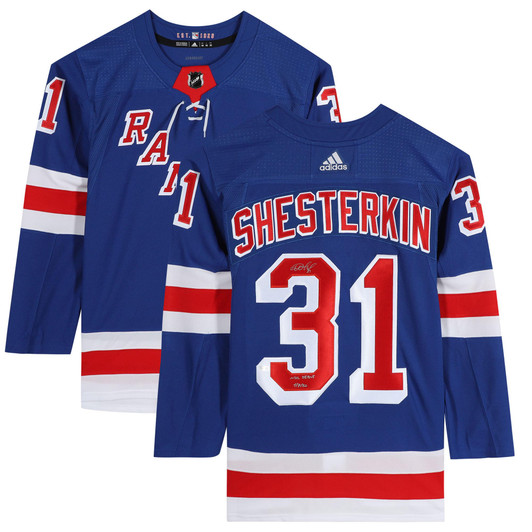 Igor Shesterkin New York Rangers Fanatics  Autographed Blue Adidas  Jersey with "NHL Debut 1/7/20" Inscription