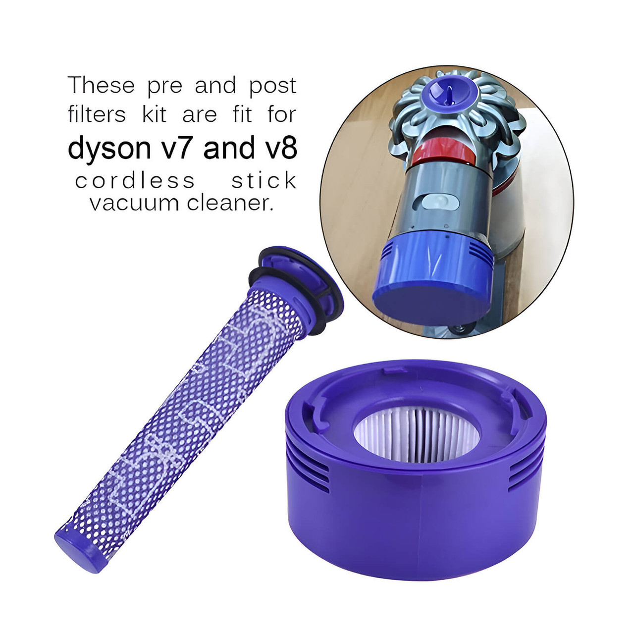 4 Pack Vacuum Filter Replacement Kit with Clean Brush for Dyson V8  Absolute, V8 Animal, V7 Absolute, V7 Motorhead, V7 Animal - 2 HEPA Post  Filter, 2