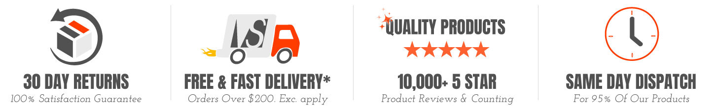 Promotional banner with service guarantees: 30 Day Returns, Free Delivery for orders over $200, Over 7000 5-Star Reviews, and Same Day Dispatch for 95% of products.