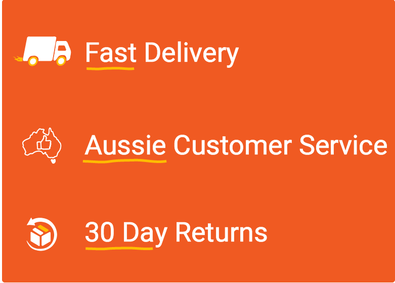 Orange promotional banner featuring fast delivery, Aussie customer service, and 30 day returns with illustrated icons.